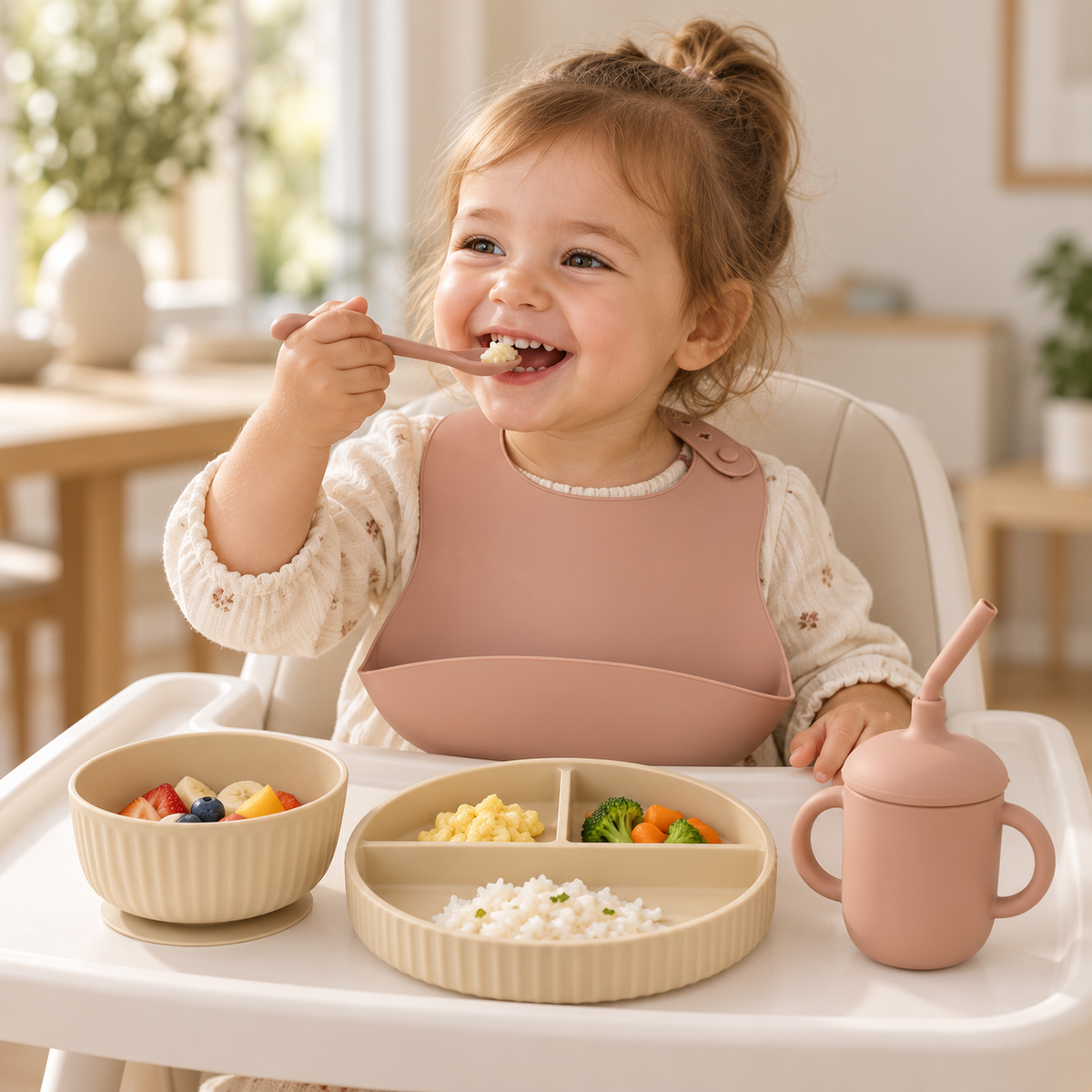 Duo Set silicon plate bowl cup 3-in-1 bib spoon 100% food-grade silicone 6+ months